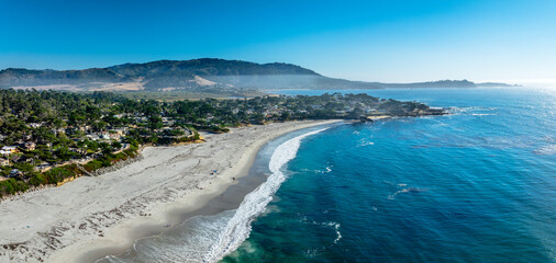 Panoramic Drone view of Carmel by the sea with beach and ocean