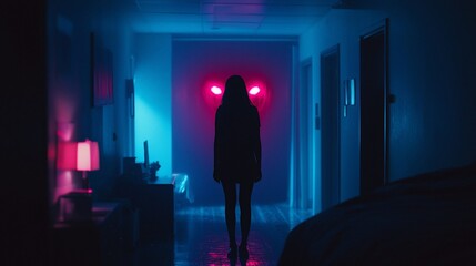 Silhouetted woman walking down neon-lit hallway.