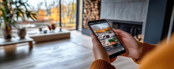 A person checking their smartphone app connected to a doorbell camera, showing a live feed of the front porch