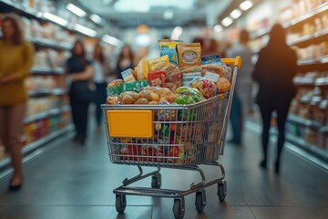 Full shopping cart filled with groceries in supermarket aisle. Blurred shoppers walking in background. Busy day at grocery store. Many food items in cart. Shopping cart in foreground. Supermarket