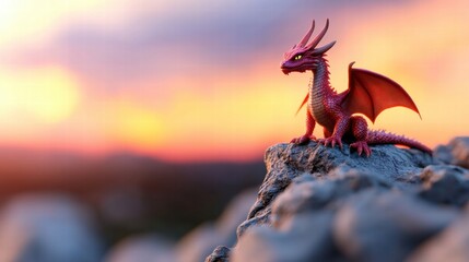 Obraz premium Fantasy Red Dragon Sunset Rock Digital Art