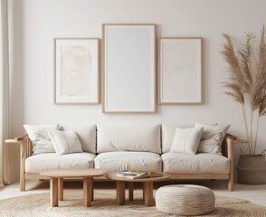 Minimalist living room interior with white sofa. wooden coffee tables. and framed art prints