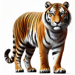 Obraz premium Tiger isolated on a white background, Side view, tiger standing full HD image generated by Ai. full body, realistic, full detail looking at the camera.
