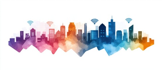 Smart City Skyline Colorful Watercolor Urban Landscape with Wifi