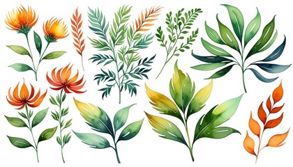 Vibrant botanical watercolor set featuring diverse leaves and flowers