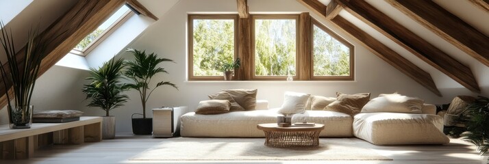Serene Attic Living Room With Natural Light and Plants