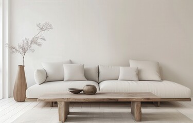 Minimalist living room with a white sofa. wooden coffee table and vase with dried flowers