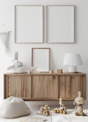 A minimalist nursery with a wooden cabinet. a lamp. and toys on the floor The walls are white and there are three empty frames