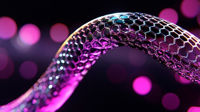 Abstract iridescent honeycomb tube, curved, glowing pink bokeh background.