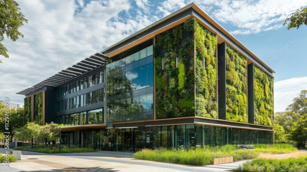 Poster a contemporary building integrates lush vertical gardens into its facade, emphasizing sustainable fi