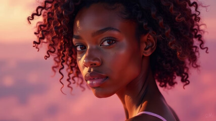Close-up of a young curly African American woman, beautiful fantasy portrait of a girl in soft pastel colors, trendy