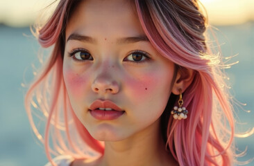 Fototapeta premium Portrait of an Asian young girl with pink colored against a background of blue clouds, copy space