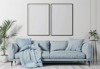 Minimalist living room interior with a light blue sofa. two empty picture frames on a white wall. and a potted plant on a side table