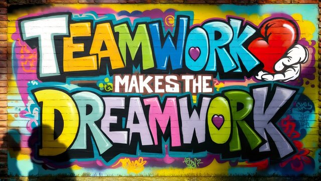 A vibrant graffiti wall with the text Teamwork Makes The Dreamwork