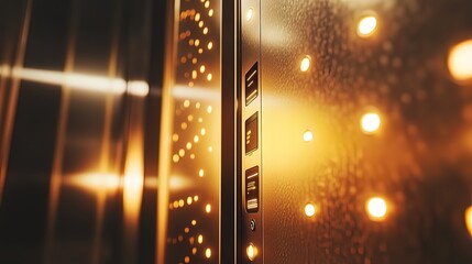 Close-up of modern elevator interior with illuminated control panel and textured metallic walls.