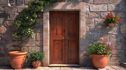 Rustic Stone House Entrance With Wooden Door And Planters