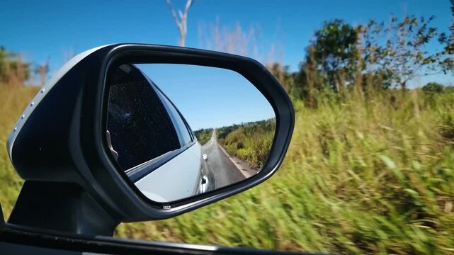 Car trip on the road seen through the reflection of the car's rear view mirror.