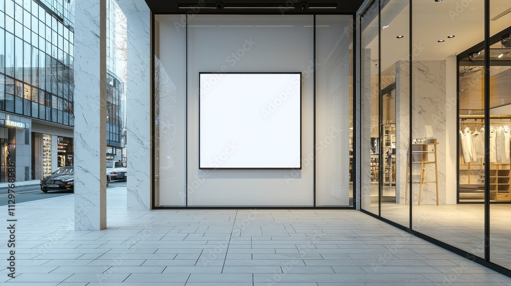Aufkleber set against a sleek city backdrop, a large empty advertisement frame awaits new designs, inviting cr
