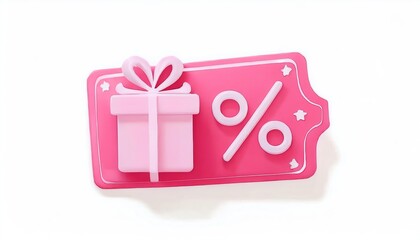 A pink discount tag features a gift box and a percentage symbol, symbolizing sales and promotions.