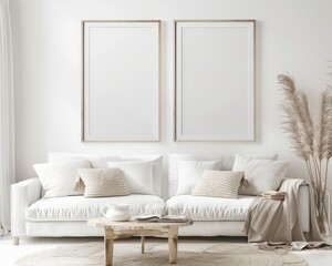 Minimalist living room with white sofa. two empty picture frames. and a wooden coffee table