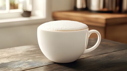 Obraz premium Creamy cappuccino in a white cup sits on a rustic wooden table, bathed in warm sunlight.