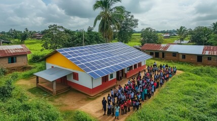 A vibrant community stands proudly outside a newly built sustainable finance center with solar panels on the roof.