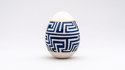 Decorated Easter egg with blue geometric pattern and gold trim on white background.