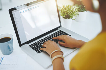 Screen, journalist or hands of woman on laptop in office for research, editing and creative media. Small business, news story or writer with technology for publication website, startup or blog update