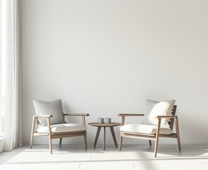 Two armchairs with cushions facing each other and a wooden coffee table in front of a white wall with sunlight streaming in through a window