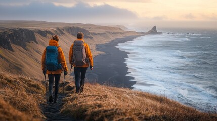 Hiking together on a scenic trail, the couple navigates the dramatic coastline of Iceland, surrounded by stunning cliffs and crashing waves under a colorful sunset sky