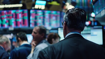 Vibrant marketplace scene where finance professionals engage in stock market trading bond investments and derivatives transactions with a focus on economic forecasting and market trends