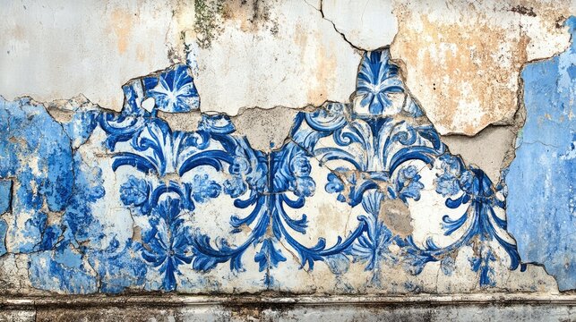 Weathered blue and white tiled wall with cracked plaster.