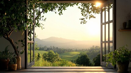 Open window with mountain view at sunset.