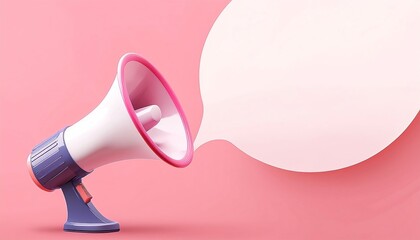 A colorful megaphone against a pink background, featuring a speech bubble, symbolizing communication and announcements.
