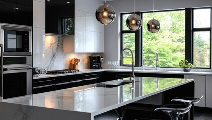 Modern Kitchen with White Marble Countertops and Black Cabinets
