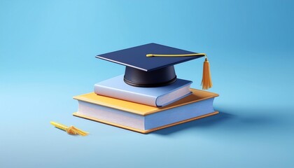 A graduation cap sits atop colorful stacked books against a soft blue background, symbolizing education and achievement.