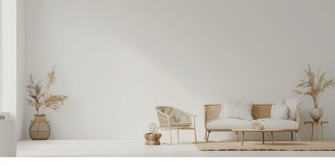 Minimalist living room with a white sofa. rattan armchair. and wooden coffee table