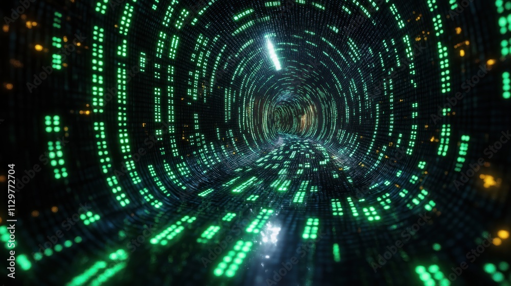Poster digital tunnel with glowing green matrix code. futuristic tech background. cyber tech theme. electro