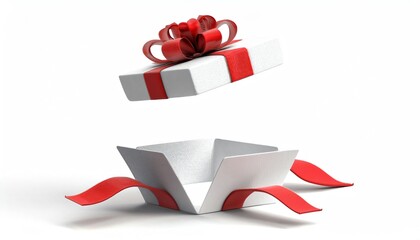 A floating gift box with a red ribbon and bow, symbolizing celebration and surprise.