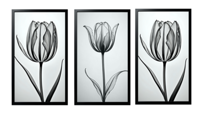 set of three vertical poster ,Minimalist black and white tulip flower in X-ray style. Line Art. 300dpi
