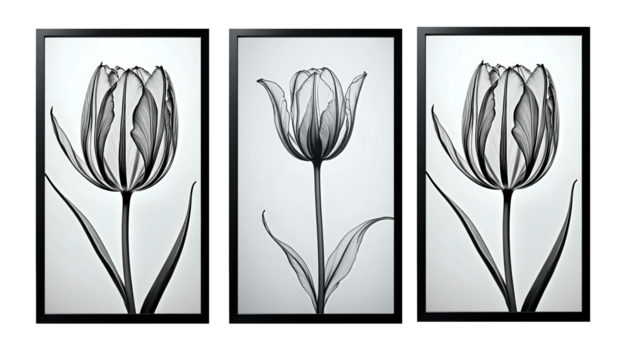 set of three vertical poster ,Minimalist black and white tulip flower in X-ray style. Line Art. 300dpi