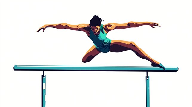 a 2D cartoon illustration of a gymnast performing on parallel bars, strong and skillful, white background--ar 16:9