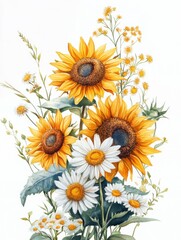 Obraz premium Joyful watercolor sunflowers and daisies bouquet