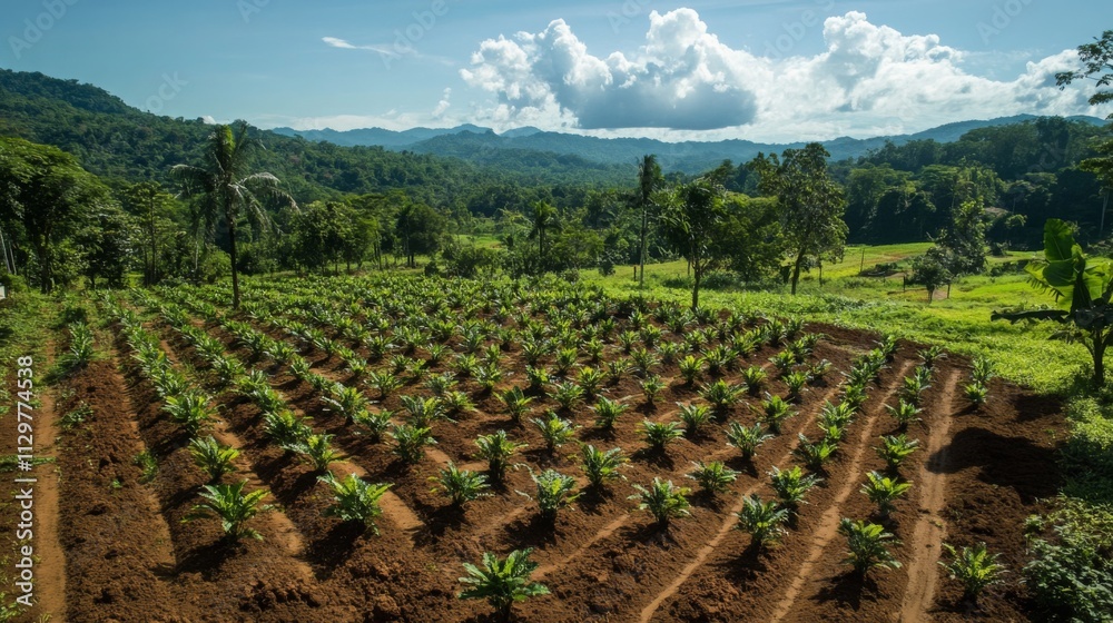 Poster a vibrant farm landscape showcases rows of green crops set against a backdrop of mountains under a c