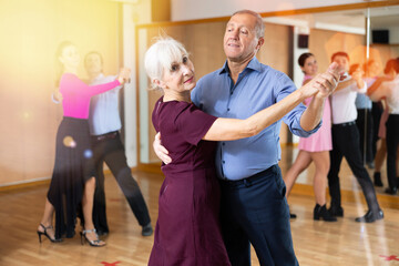 Happy aged woman learning to dance Vienneze waltz with partner in dancing class. Active hobby of...