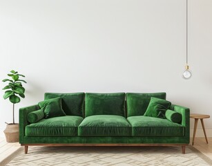 Green velvet sofa with wooden legs. plant. and rug in front of a white wall
