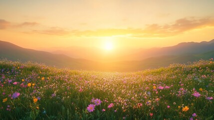 Obraz premium Majestic sunset over a vibrant mountain meadow filled with wildflowers.