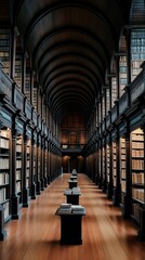Large room in Trinity College Dublin Long Room library. Dark wooden bookshelves line walls. Books fill shelves. Small dark wooden tables placed at intervals throughout long room. Historic feel of