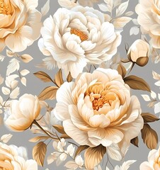 Peony and rose flowers pattern, vintage colors, gray background, seamless design, lovely print, white, beige, and gold color palette, shabby chic style,