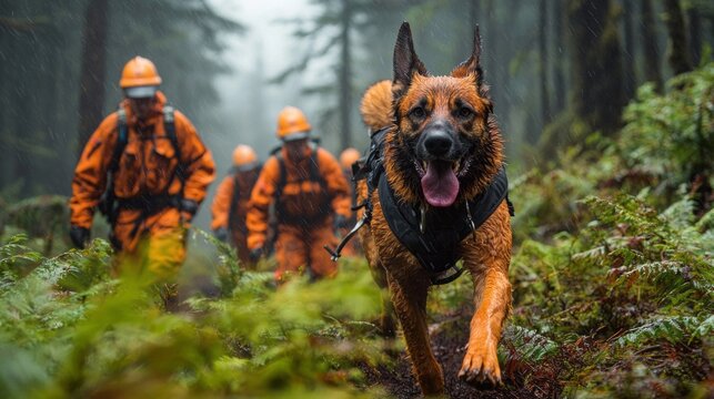 Amidst a lush green forest, a dedicated rescue team clad in orange gear follows their alert dog. The overcast sky adds urgency as they search for those in need of help